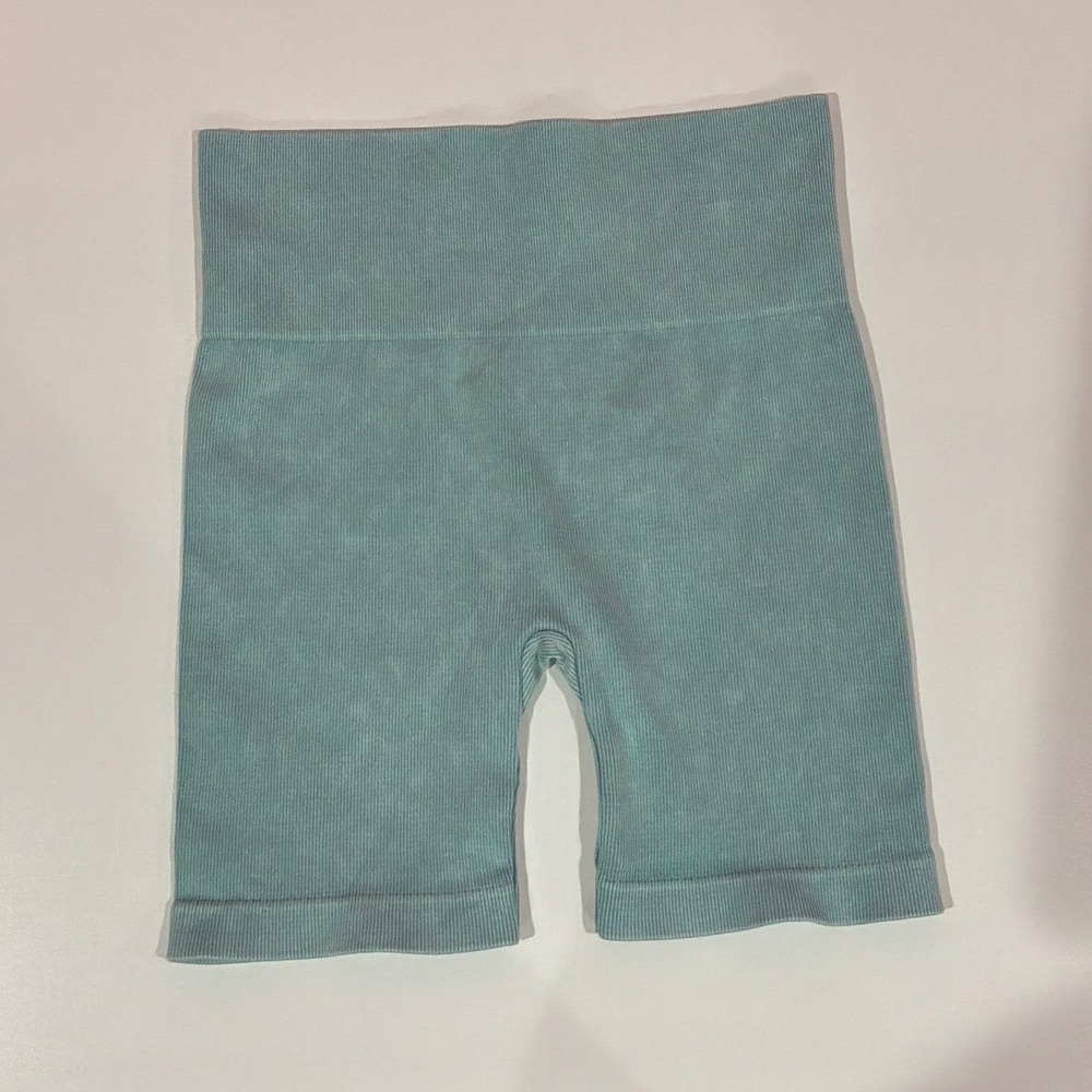 No Boundaries Womens High Waisted Seamless Biker Shorts Teal Acid Wash Size S